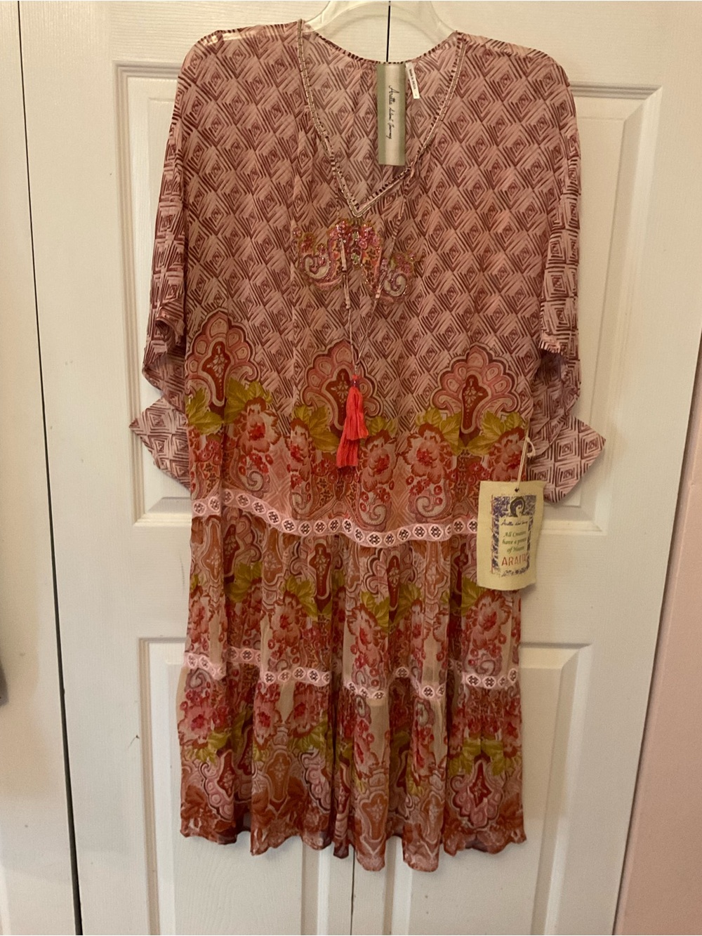 Aratta Aeris Silent Journey Pink Print Boho Hippie Couture Midi Dress Tassels L - Picture 2 of 11